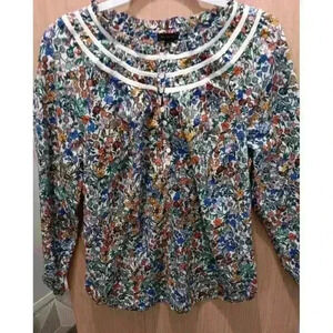 Talbots SZ M Ditsy Floral Blouse Womens Peasant Style 3/4‎ Sleeve Blouse